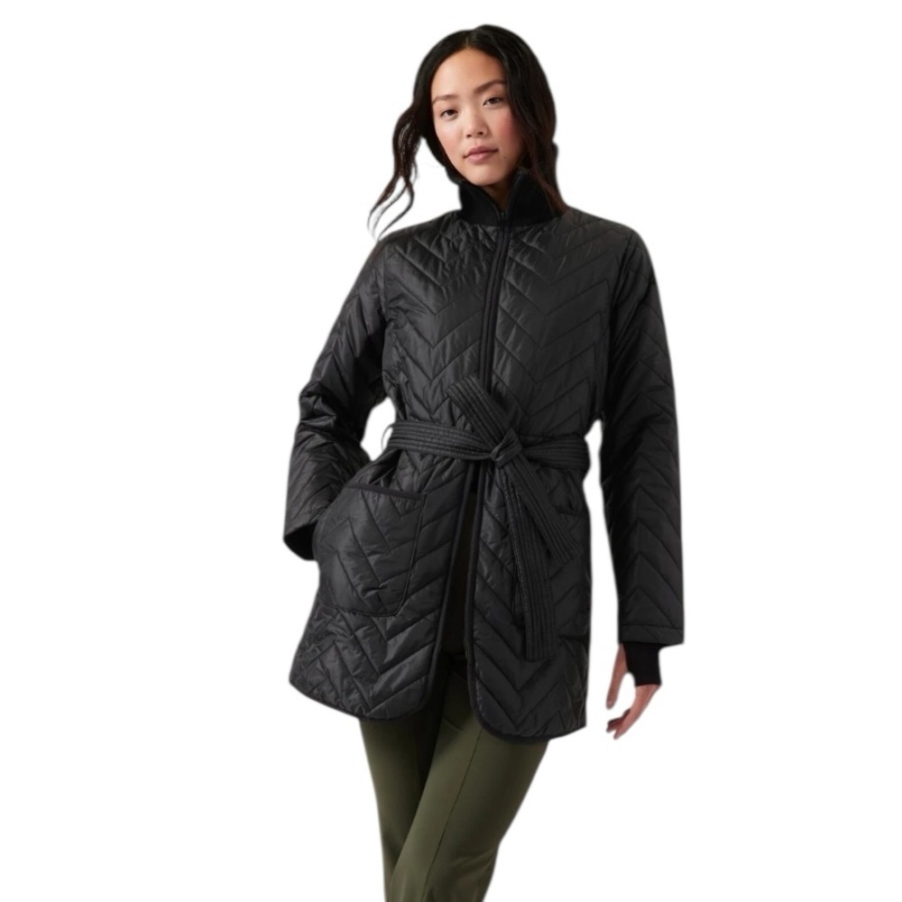 Athleta - Mendocino Quilted Coat Jacket Black Belted Zip Up Sz M